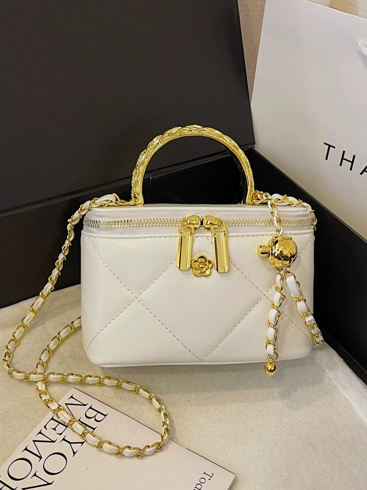 Red Quilted Vanity Box Bag – Gold Chain Camellia