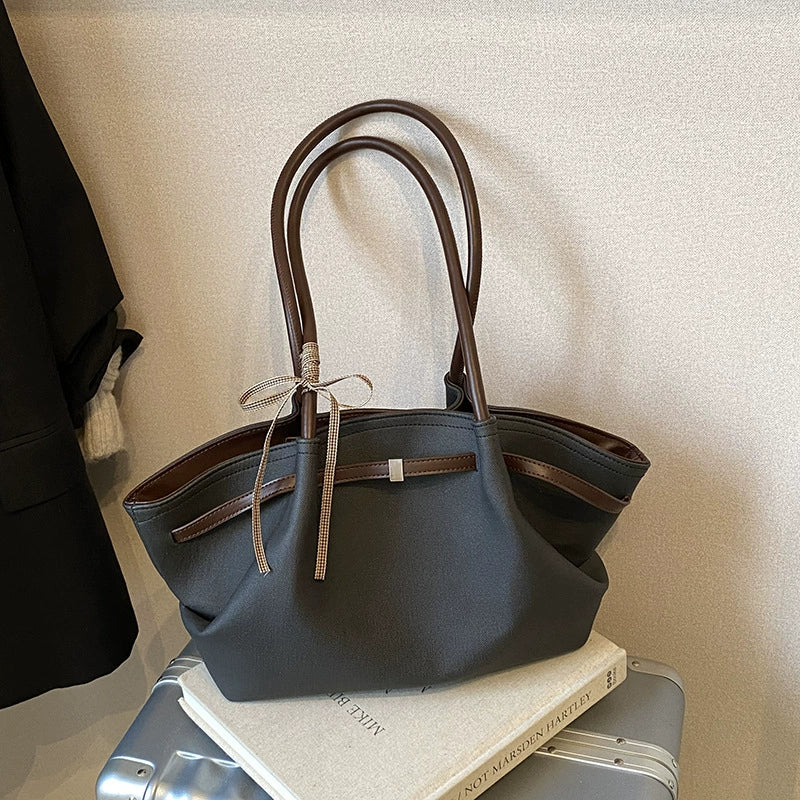 Large Tote Bag – Grey Blue Brown Trim Donut Charm