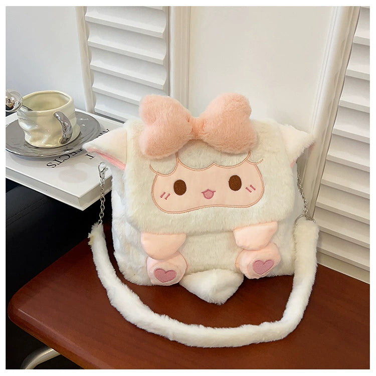 Kawaii Plush Lamb Crossbody Bag – Pink Bow Chain