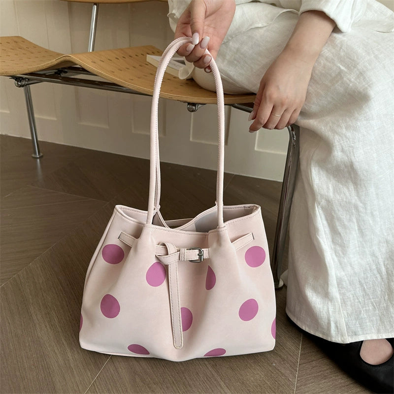 Polka Dot Bucket Tote – Brown Blue Belt Buckle