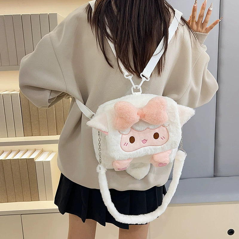 Kawaii Plush Lamb Crossbody Bag – Pink Bow Chain