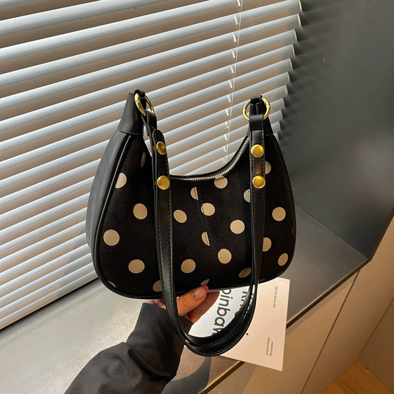 Black Polka Dot Hobo Bag – Gold Rivet Crescent