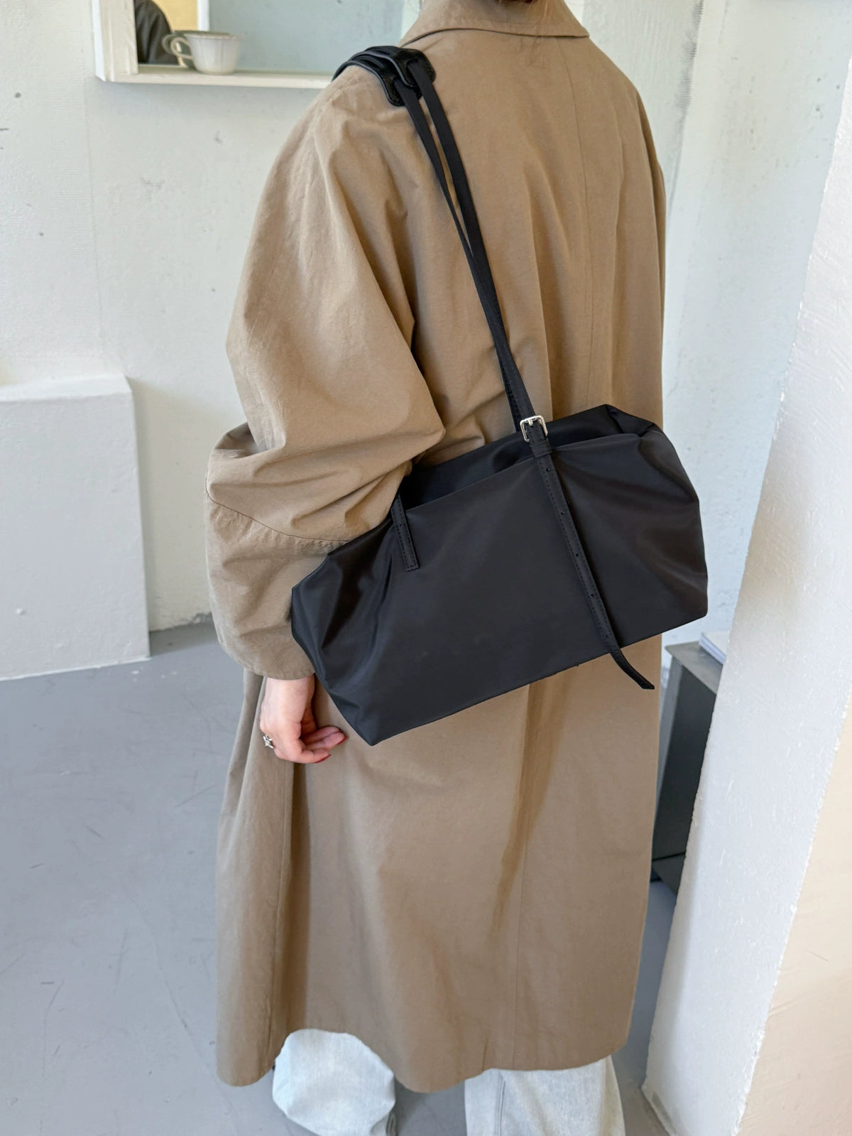 Large Nylon Tote Bag – Light Grey Front Zip Pocket