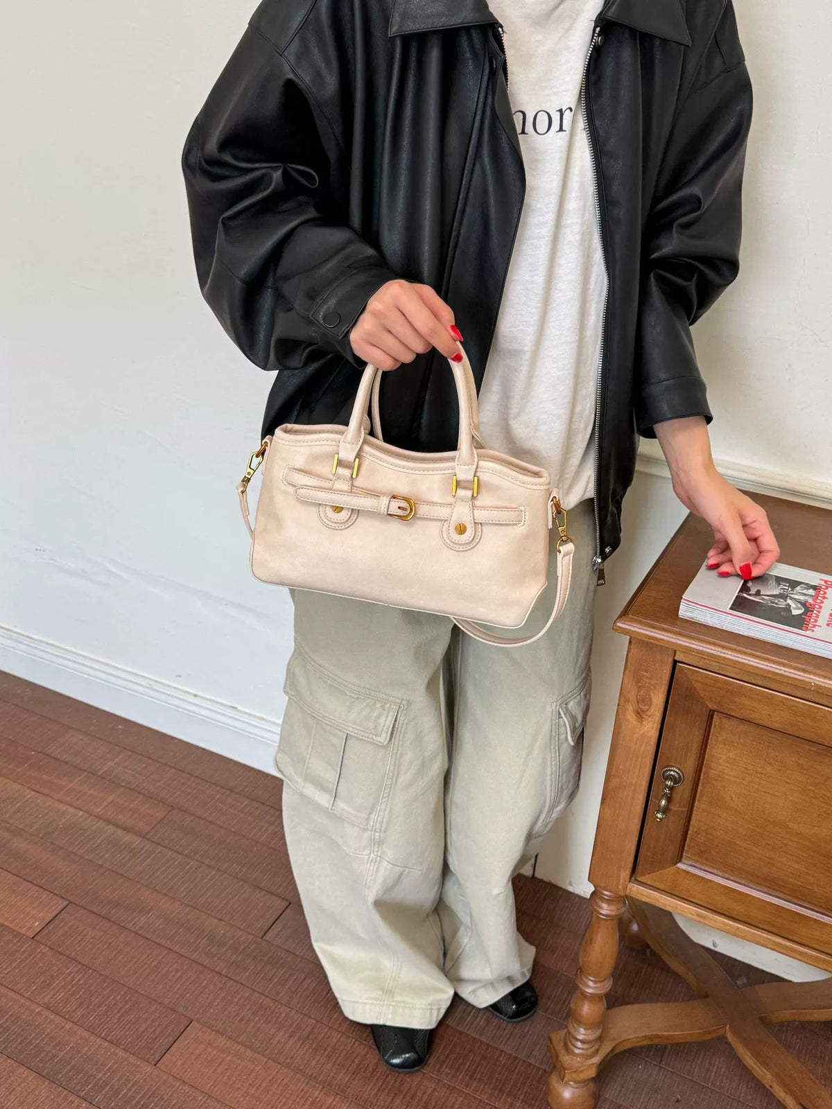 Cream Litchi Leather Tote – Gold Lock Birkin Style
