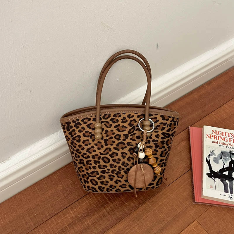 Leopard Print Canvas Tote Bag with Tan Brown Leather Trim Dual Handles Gold Ring and Detachable Wood Bead Coin Purse Charm