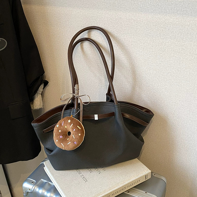 Large Tote Bag – Grey Blue Brown Trim Donut Charm