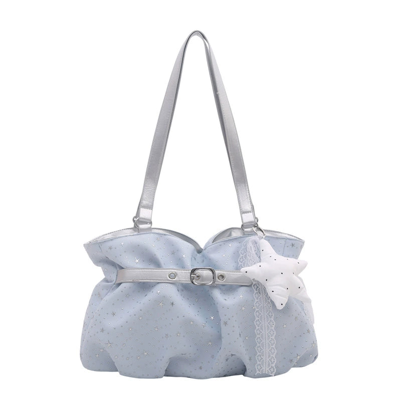 Starry Sky Cloud Shoulder Bag Powder Blue Glitter Star Print with Silver Buckle and Detachable White Lace Star Charm