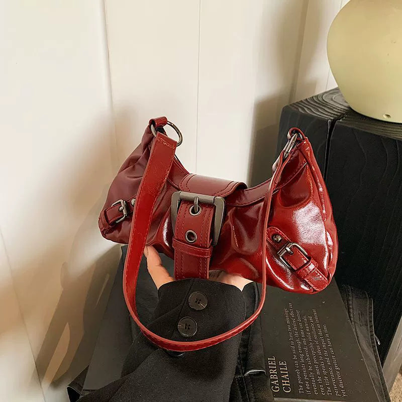 Burgundy Patent Hobo Bag – Y2K Multi-Buckle