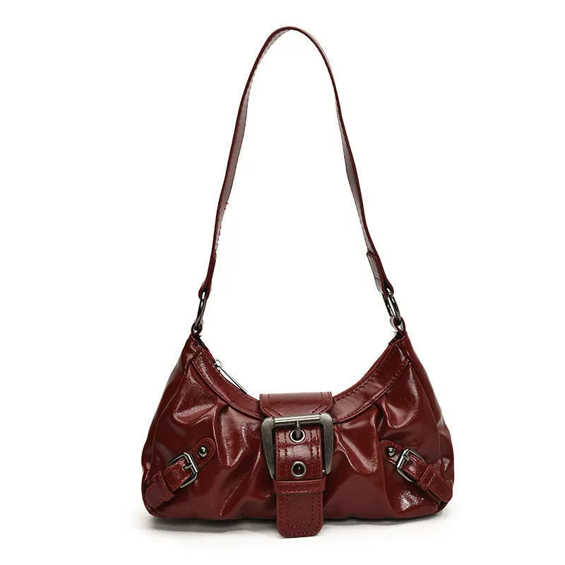 Burgundy Wine Red Patent Faux Leather Y2K Hobo Shoulder Bag with Front Belt Buckle Side Buckle Accents and Gunmetal Hardware