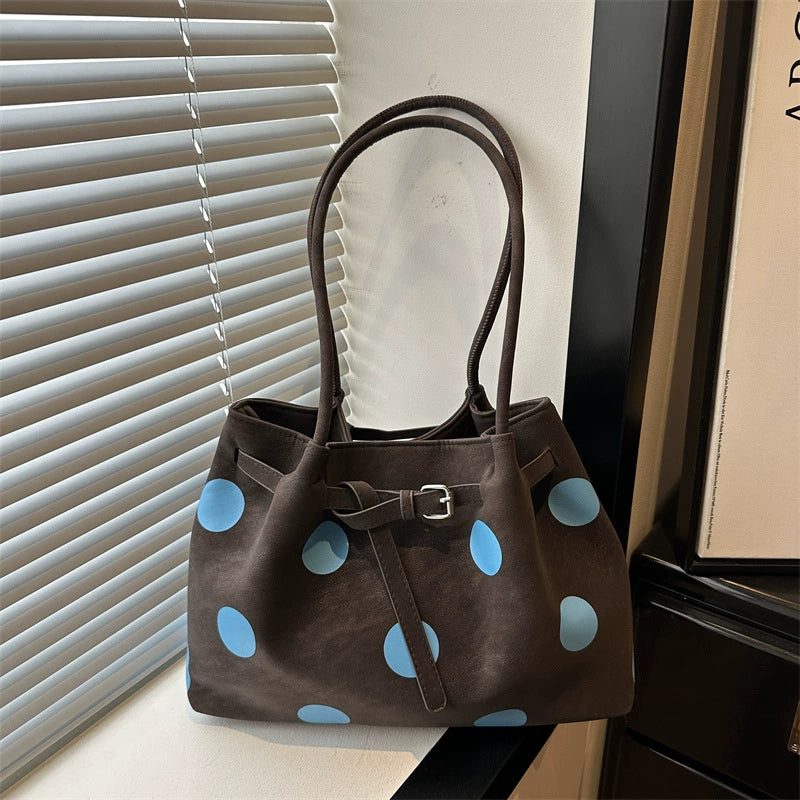 Polka Dot Bucket Tote – Brown Blue Belt Buckle