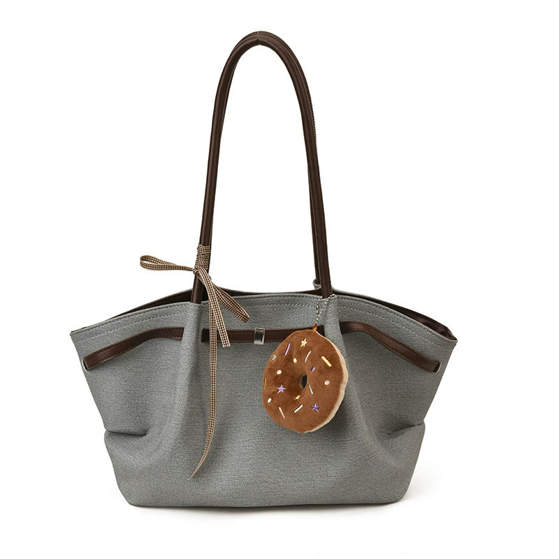 Large Tote Bag – Grey Blue Brown Trim Donut Charm