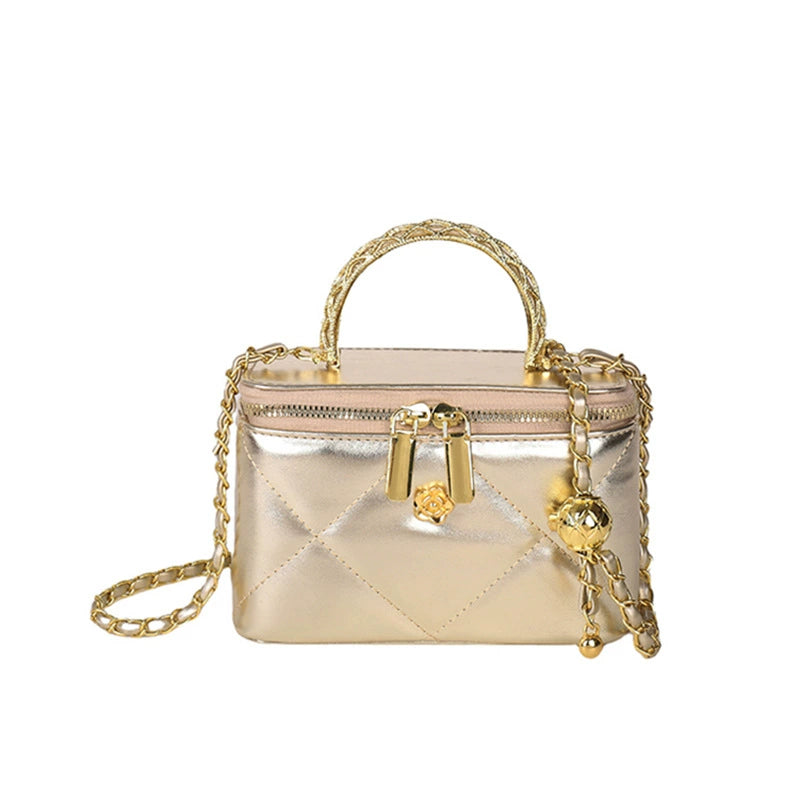 Red Quilted Vanity Box Bag – Gold Chain Camellia