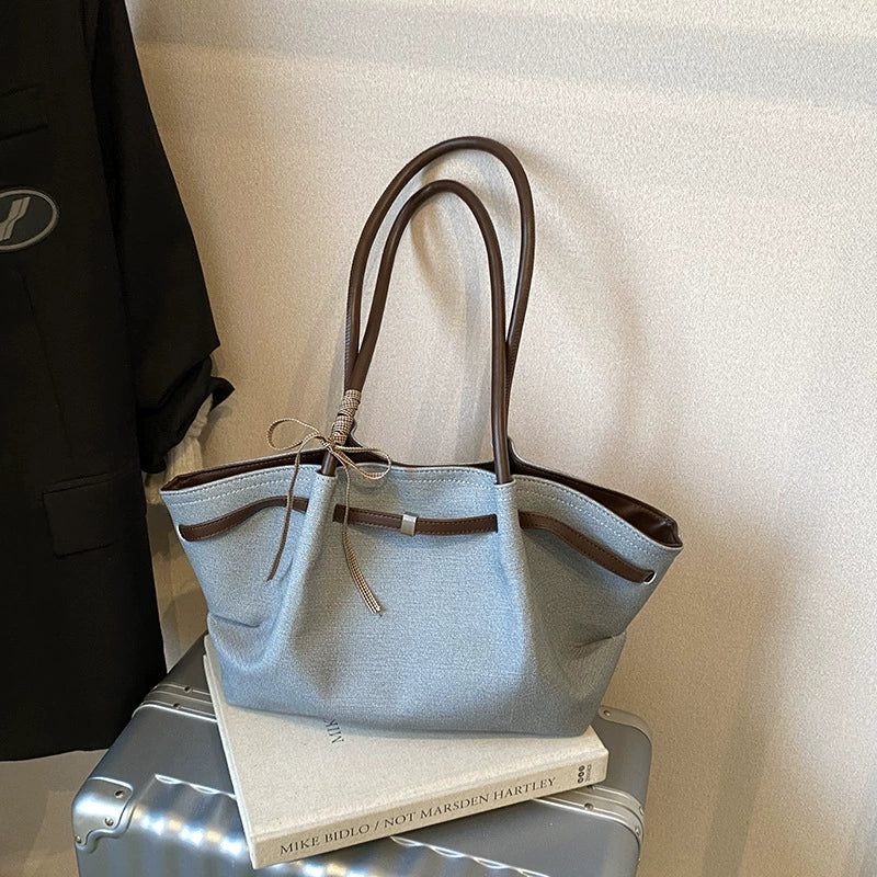 Large Tote Bag – Grey Blue Brown Trim Donut Charm