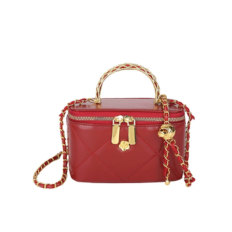 Red Quilted Vanity Box Bag – Gold Chain Camellia