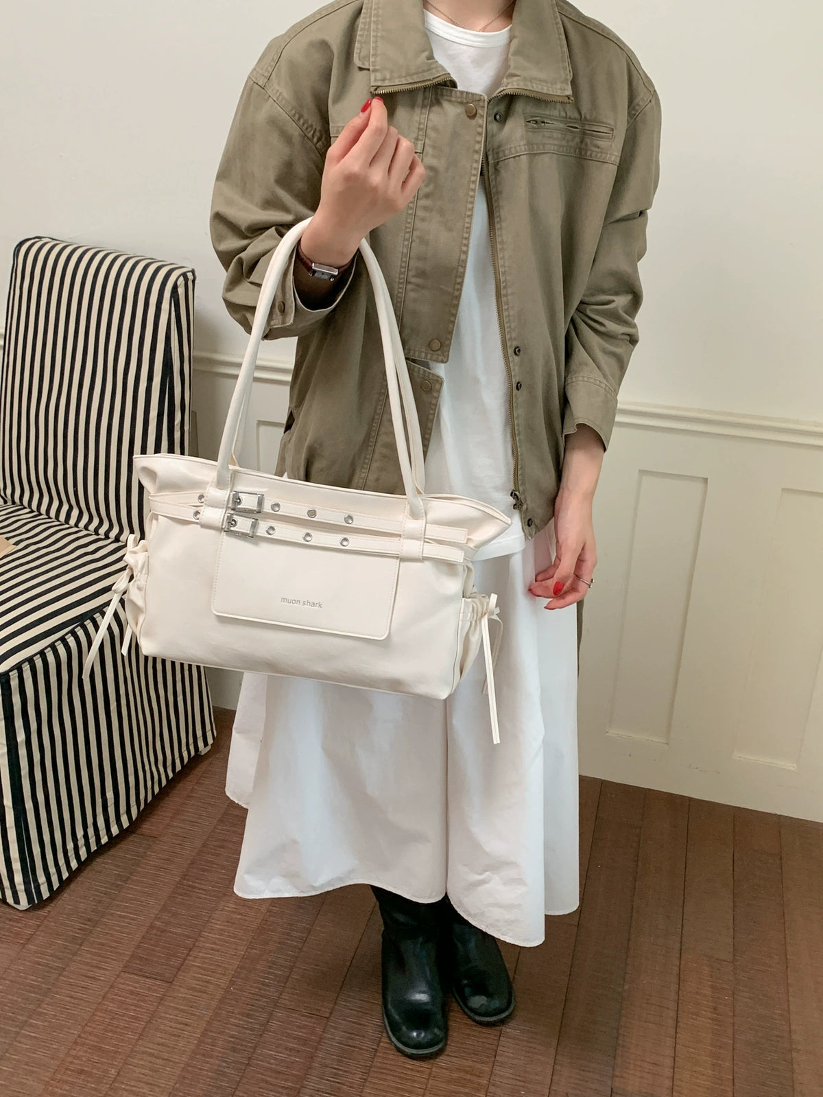 Maum Shark Large White Nylon Tote Bag with Silver Rivet Front Pocket and Side Drawstring Ruched Pockets