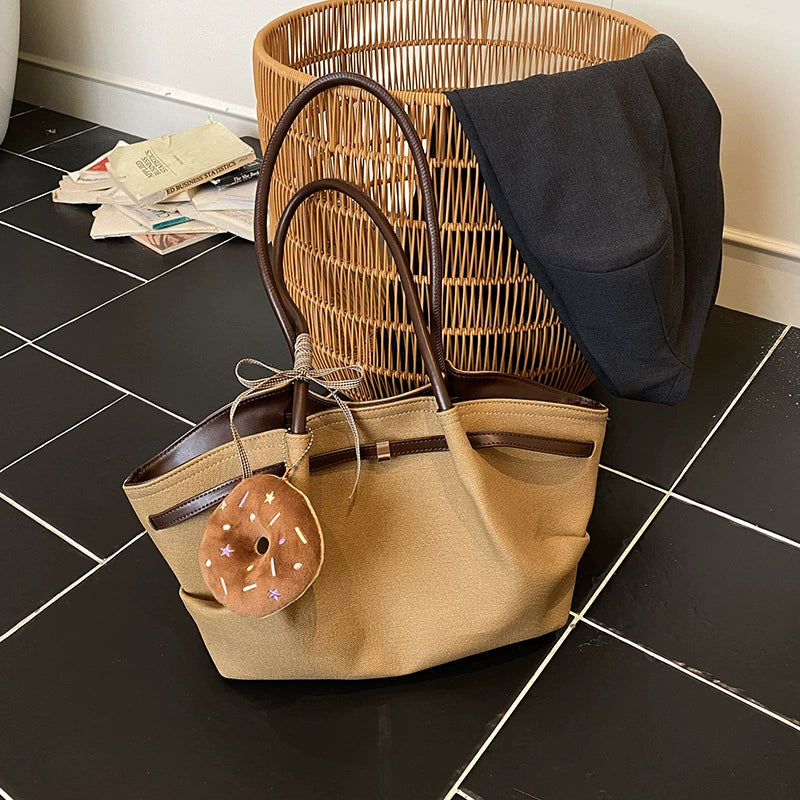 Large Tote Bag – Grey Blue Brown Trim Donut Charm