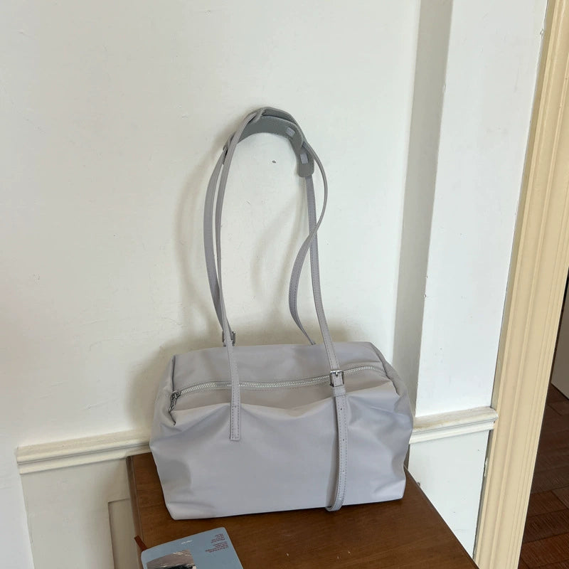 Large Light Grey Nylon Tote Bag with Full-Width Front Zip Pocket Leather Pull Tab and Dual Slim Flat Shoulder Straps