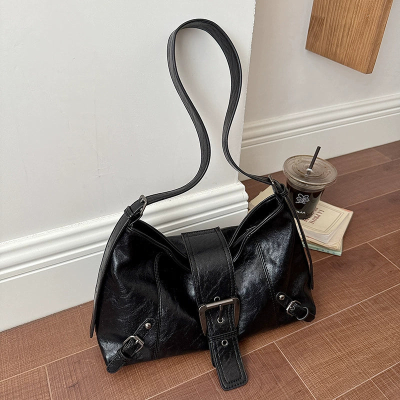 Black Distressed Leather Flap Bag – Belt Buckle