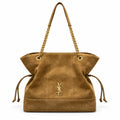 YSL Saint Laurent Jamie Tote Bag in camel tan suede with quilted stitching, gold chain strap and YSL Cassandre monogram