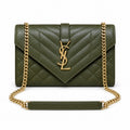 Saint Laurent YSL Envelope small chain crossbody bag in olive army green chevron quilted grained leather with oversized gold YSL monogram and gold curb chain with leather shoulder pad