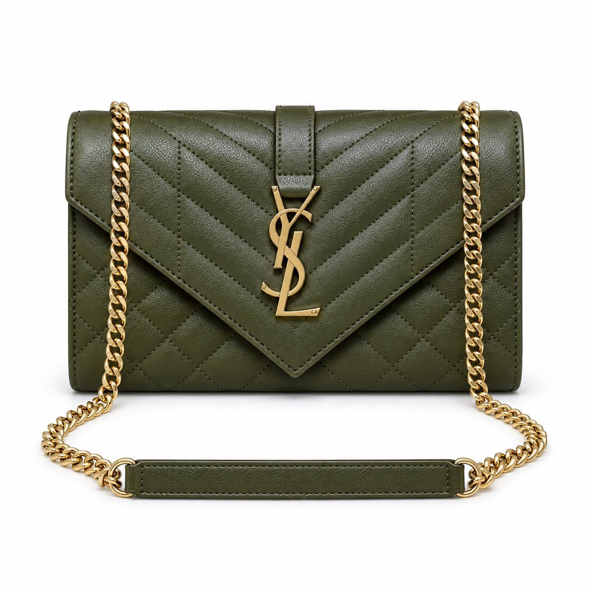Saint Laurent YSL Envelope small chain crossbody bag in olive army green chevron quilted grained leather with oversized gold YSL monogram and gold curb chain with leather shoulder pad