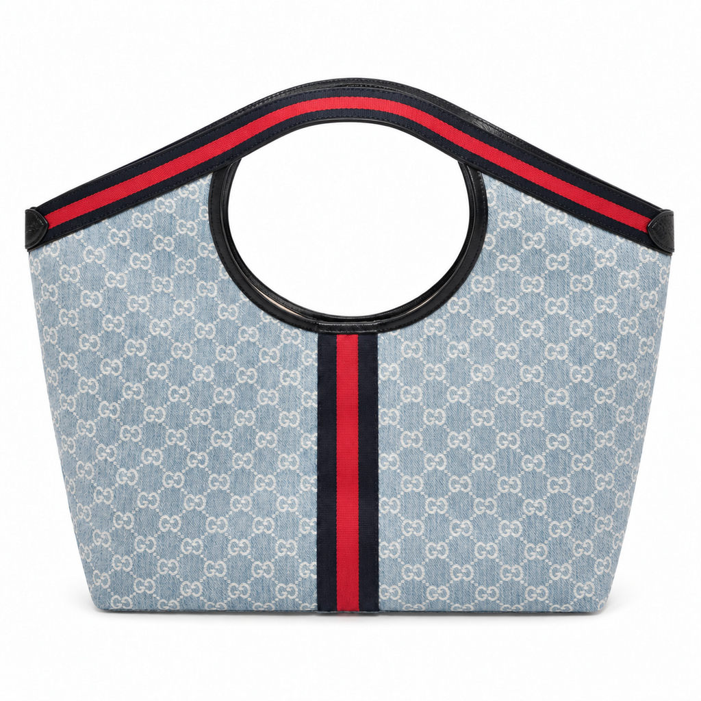 Gucci GG Denim Web Stripe Round Handle Tote